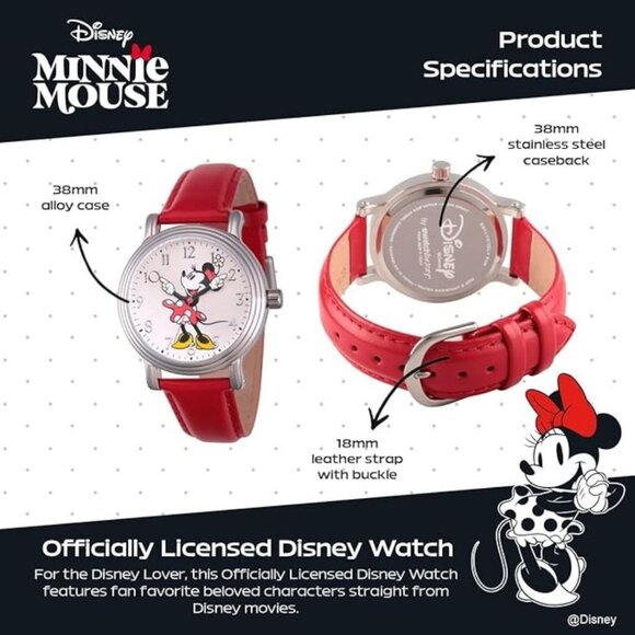 NWT - Disney Minnie Mouse Silver watch for ladies, Vintage style. Red leather st - Picture 14 of 16